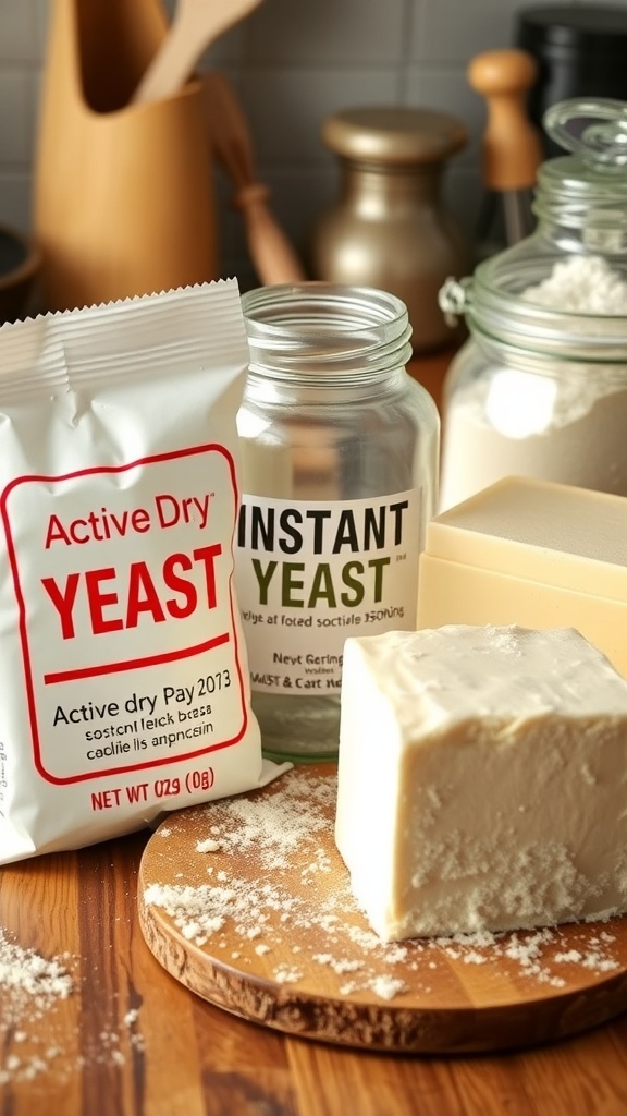 Different types of yeast: active dry, instant, and fresh, on a kitchen counter.